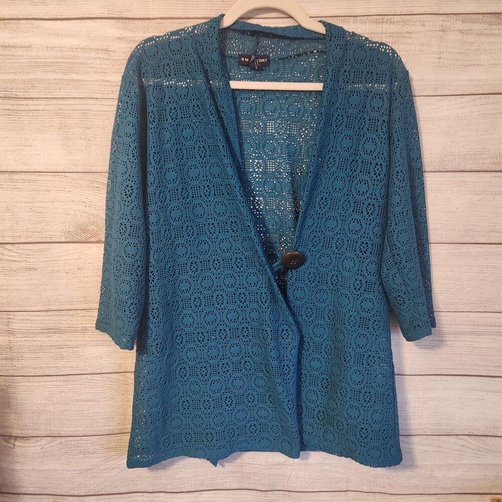 SML Sport Large Blue open front loose knit 3/4 sleeve cardigan